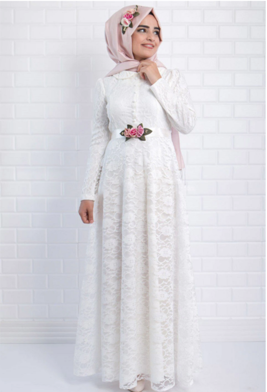 Muslim Women Wedding Dress Lace Floral Belt Islamic Hijab Clothing Bridal White ivory Applique Embroidery Gown Chic Turkey Arab Fashion