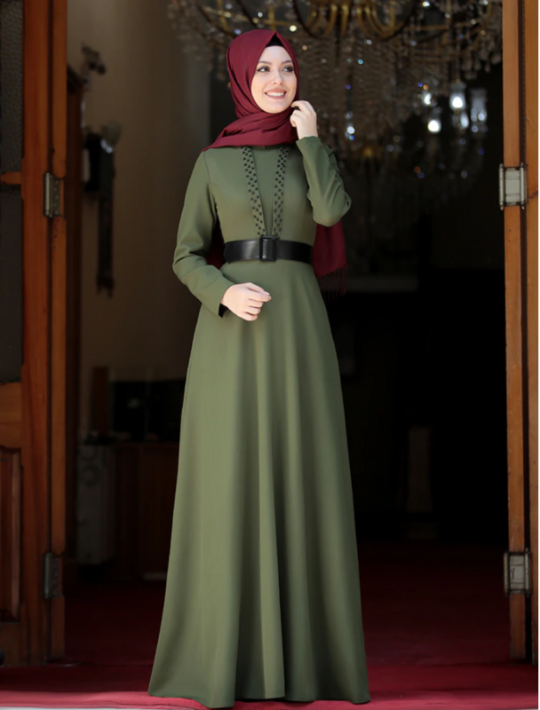 Women Evening Dress with Pearls Belt Islamic Muslim Clothing Long Flexible Plus Size Made in Turkey Arabic Dubai Doha Qatar Morocco Fashion wedding Muslim Dress