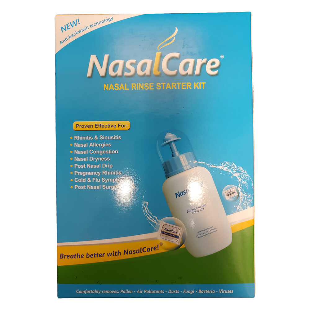 NasalCare Nasal Rinse Starter Kit 240ml/3.5g (1 Anti-backflow Nasal irrigator, 30 Rinse Mix Packets - Adults Only)