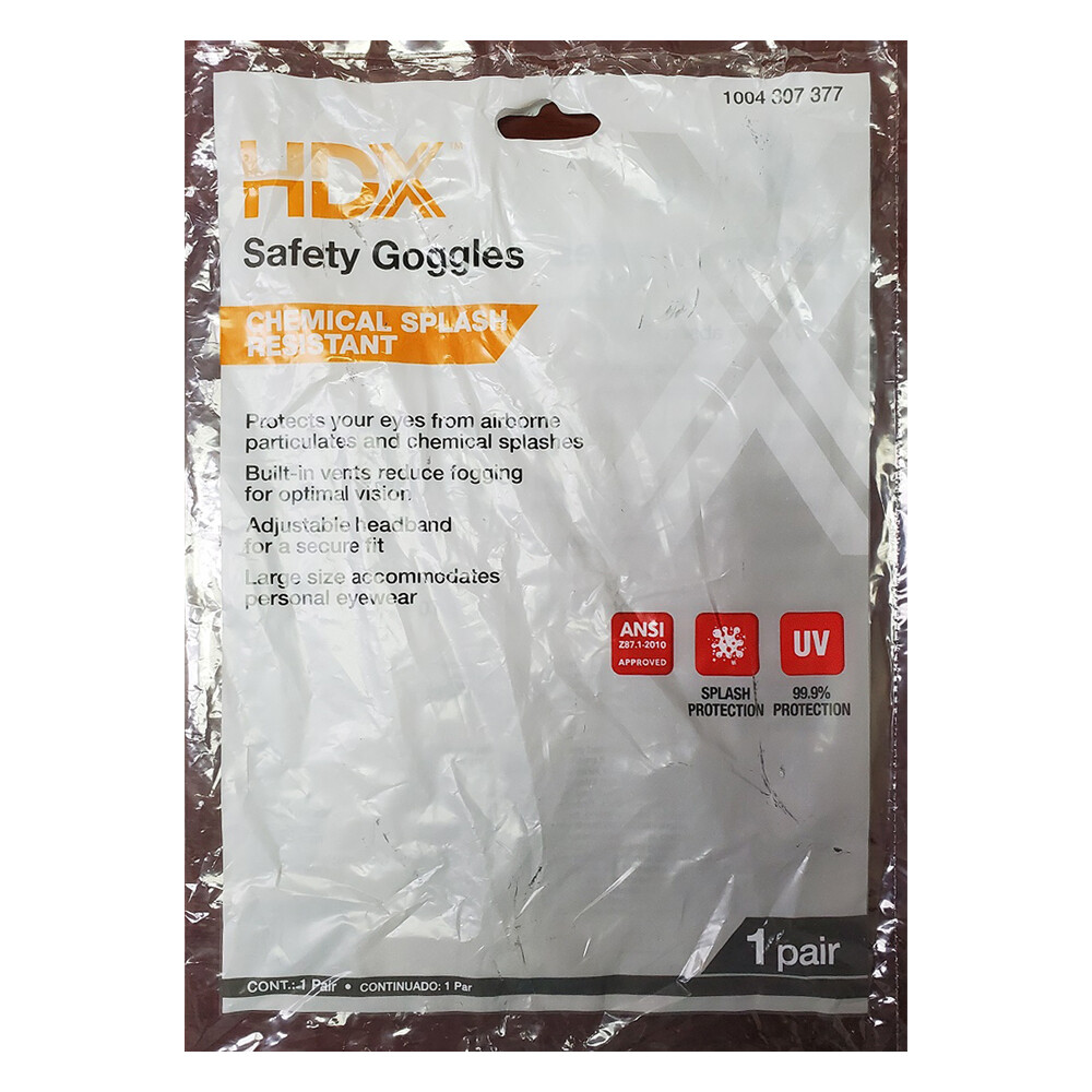 HDX Safety Goggles, Chemical Splash Resistant, 1004307377 (1 Unit/Bag)