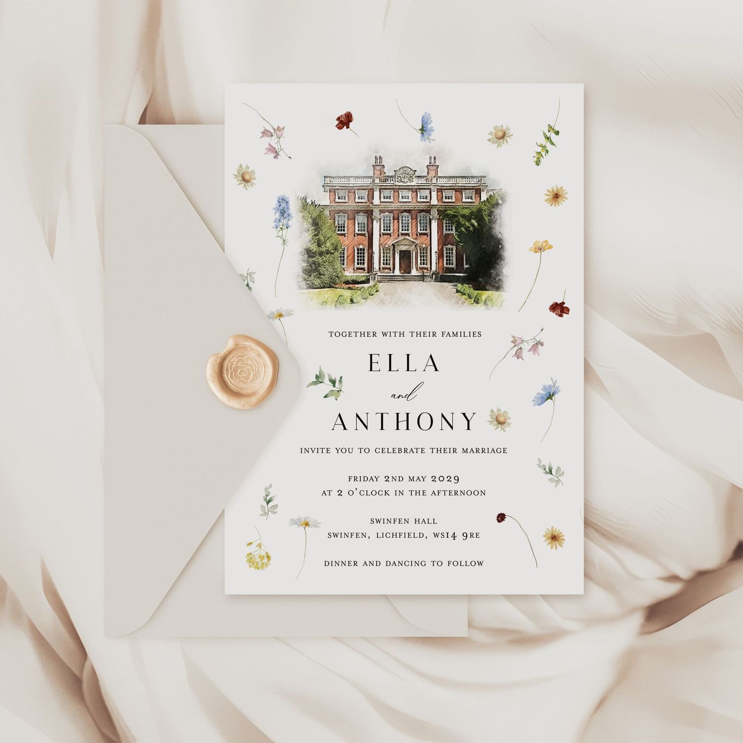 Ella | Pressed watercolour flower design wedding invitations with a customised venue illustration, Spring Flower Invite