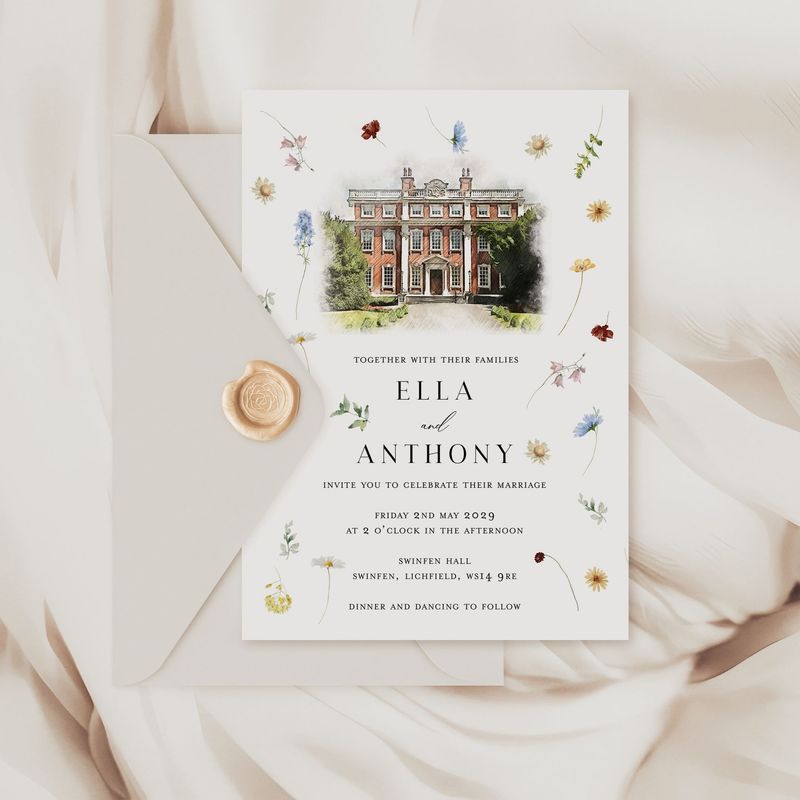 Ella | Pressed watercolour flower design wedding invitations with a customised venue illustration, Spring Flower Invite
