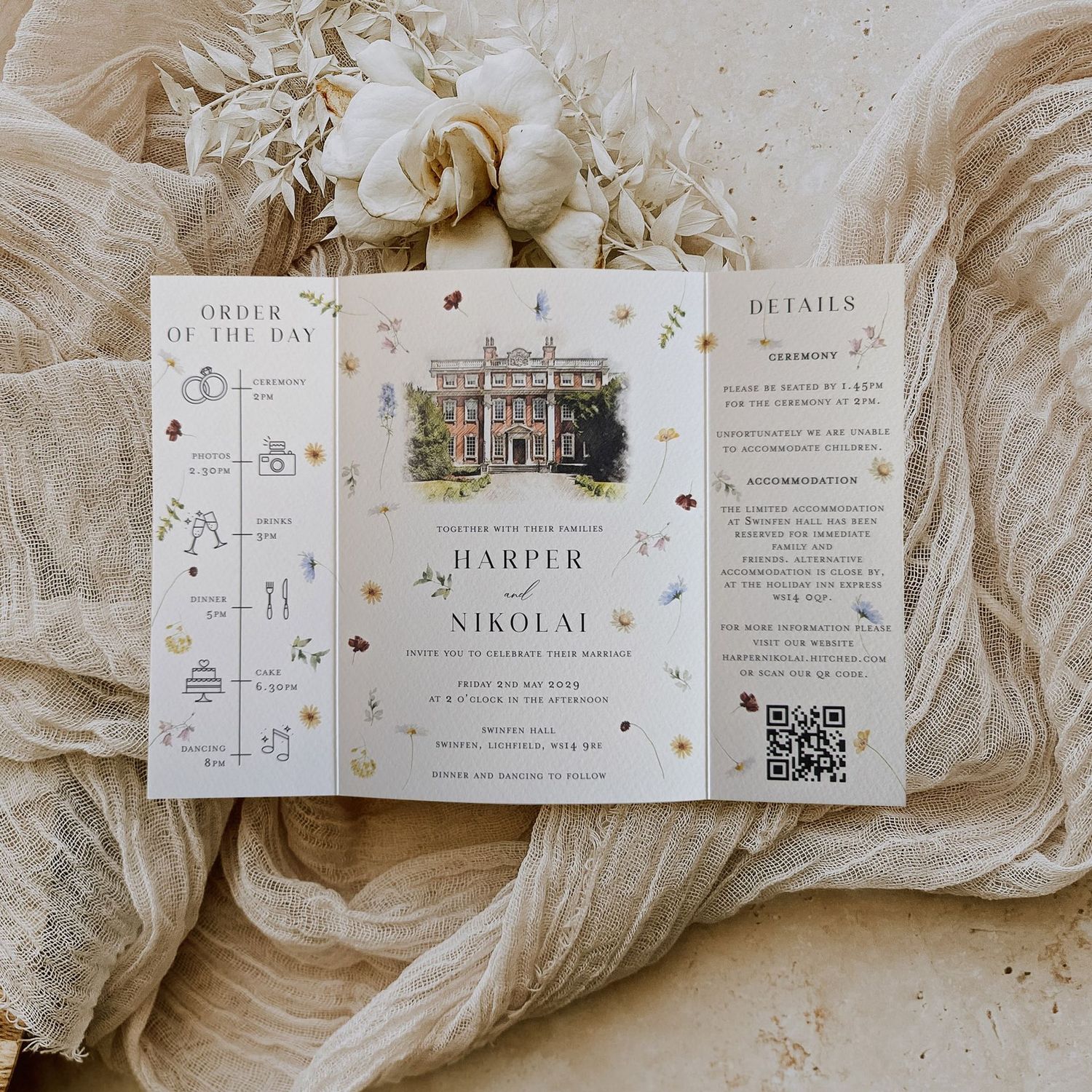 Harper | Gatefold Wedding Invitation with pressed watercolour flower design and a customised venue illustration