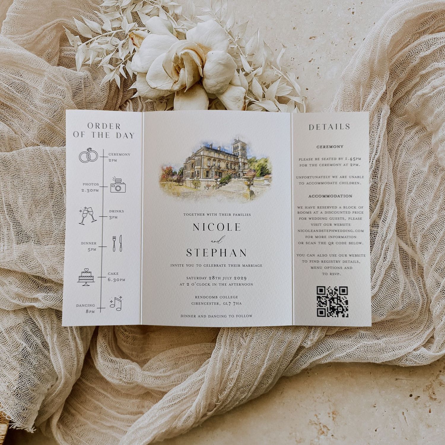Nicole | Gatefold Wedding Invitation with a minimalist design and a customised venue illustration
