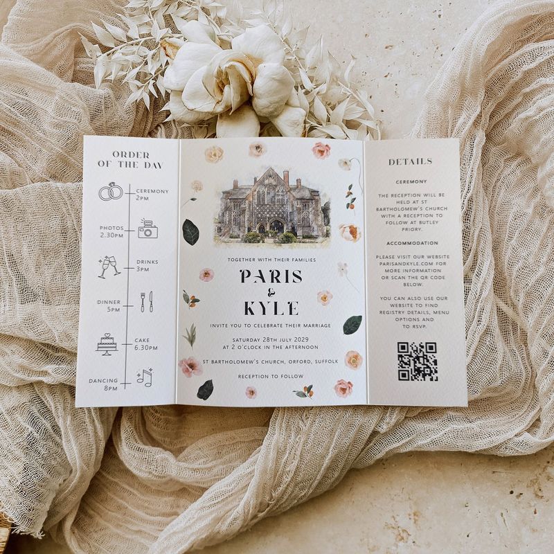 Paris | Peach Blossom Gatefold Wedding Invitation with Pressed Flower Design and a Customised Venue Illustration