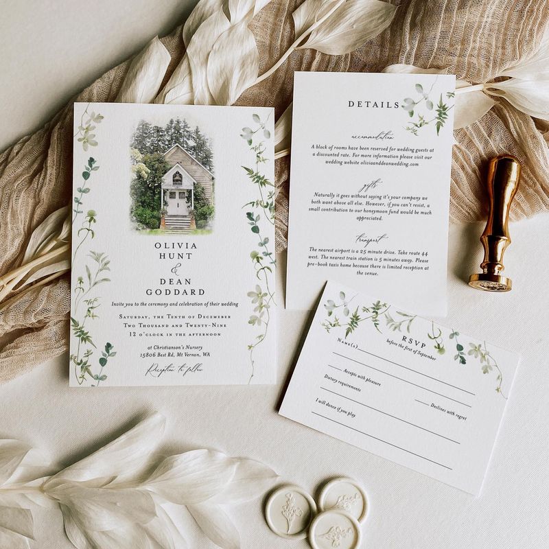 Olivia | Greenery Wedding Invitation with a  Watercolour Eucalyptus Foliage Border Design and Customised Venue Illustration