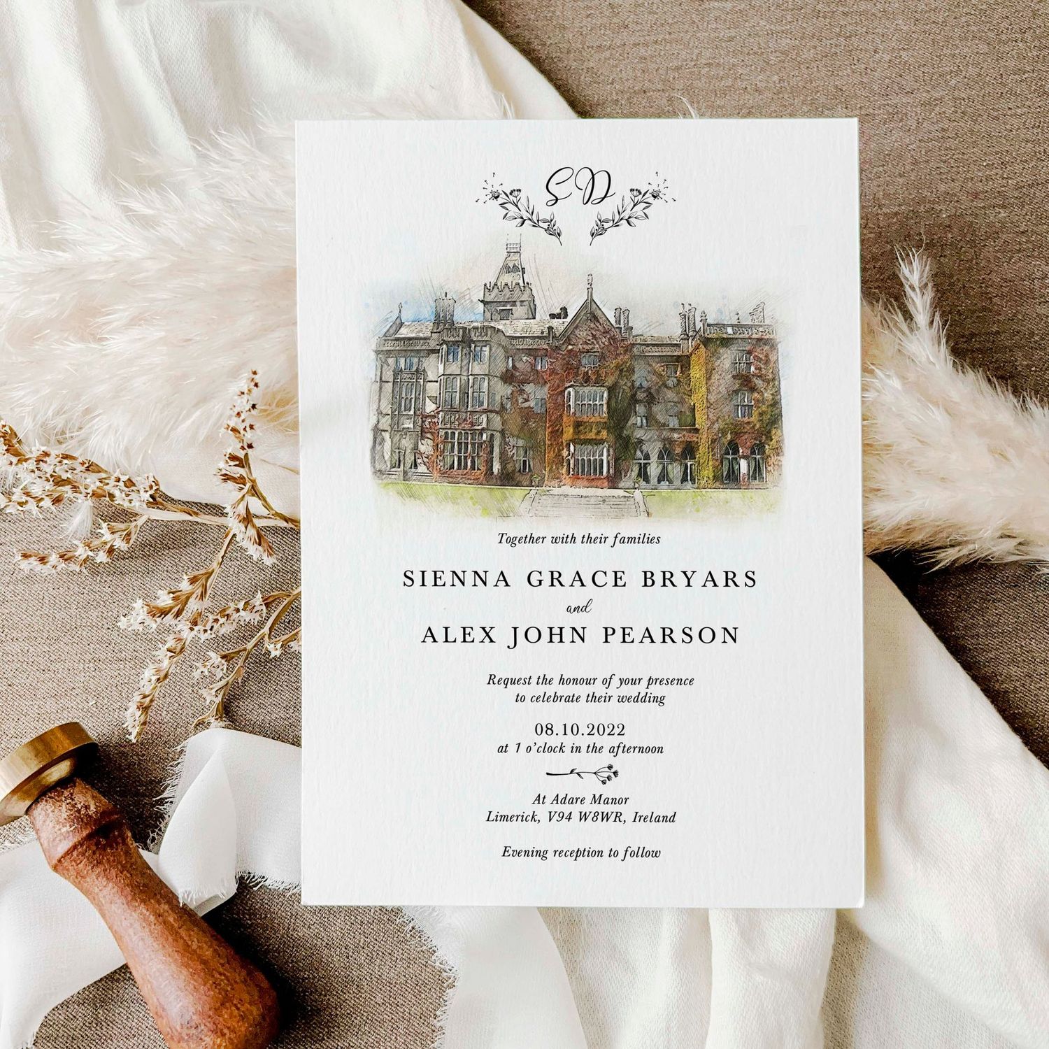 Sienna | 5x7 Wedding Invitation with a  Customised Venue Illustration and Wreath Monogram