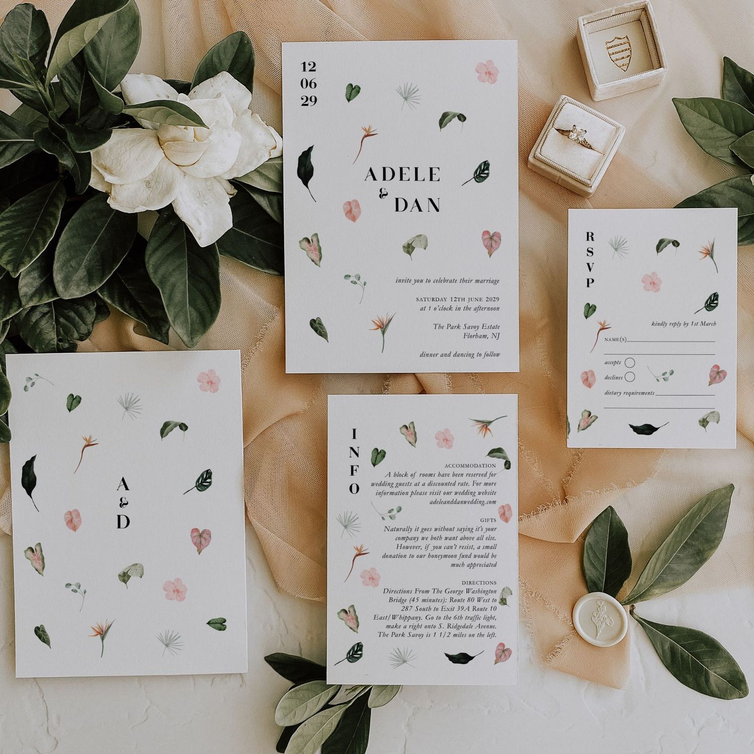 Adele | Tropical Summer Wedding Invitation with Scattered Exotic Leaf Print