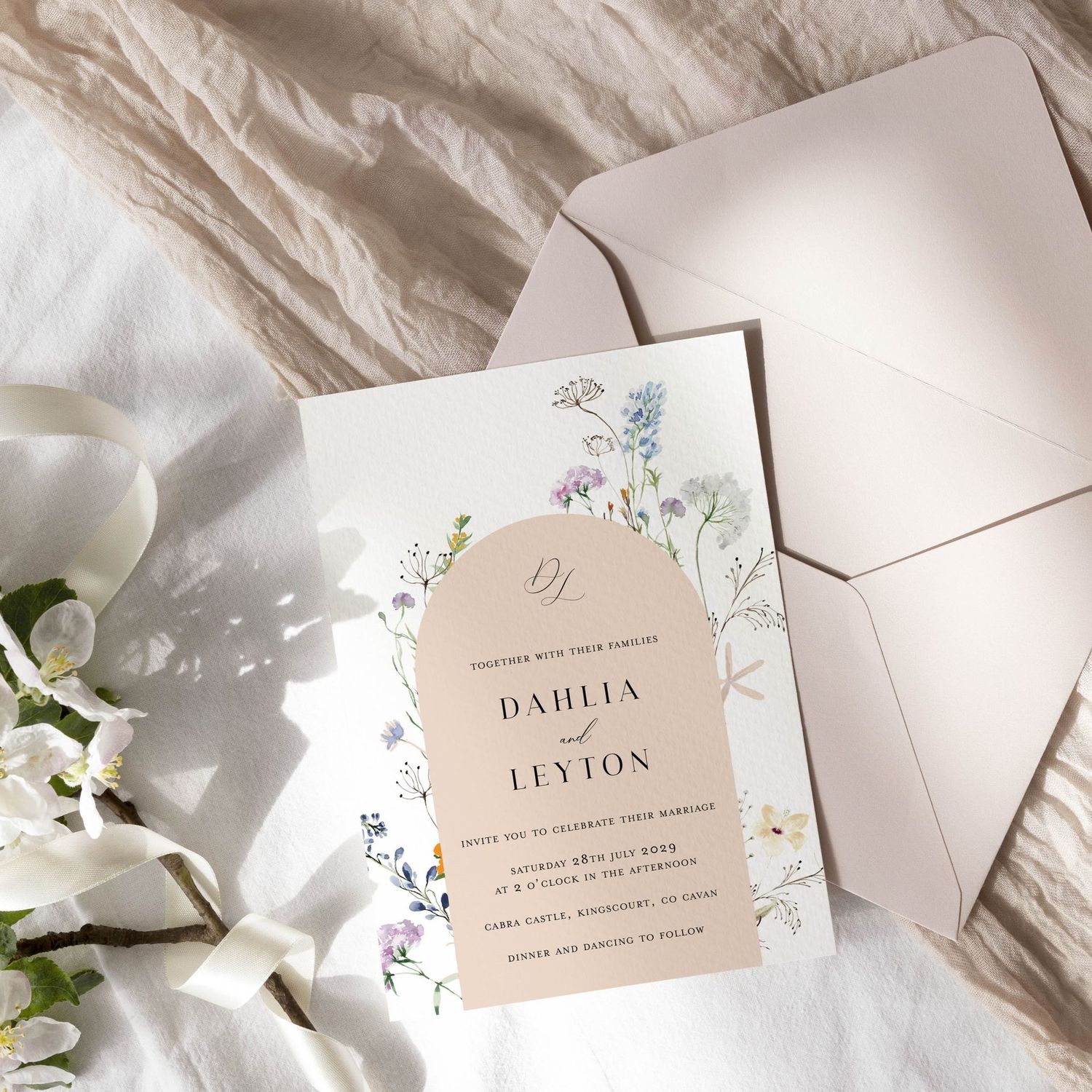 Dahlia | Blush Pink Arch Wedding Invitation with Meadow Flower  Wreath Border