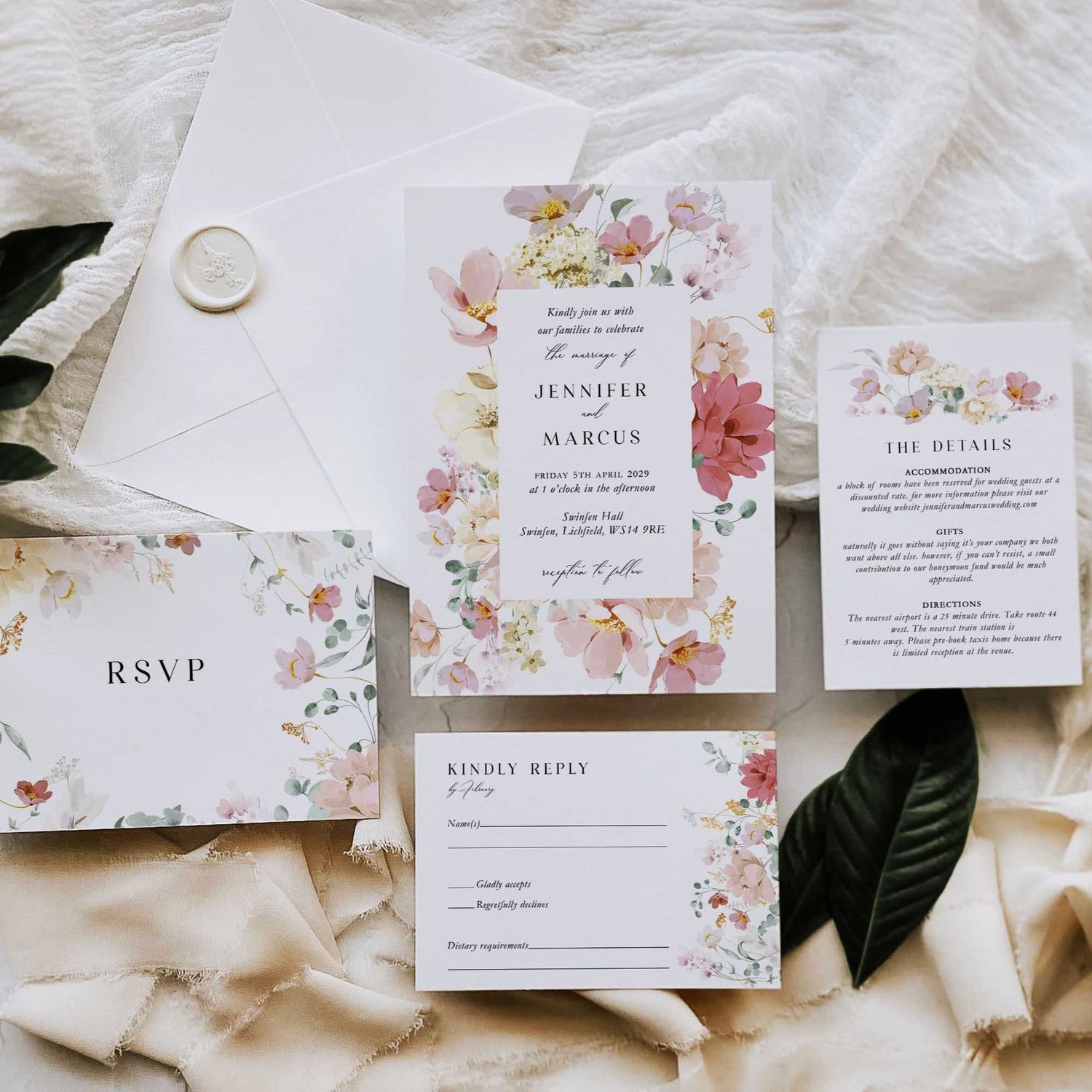 Jennifer | Blush Pink Blossom Flower Border Wedding Invitation