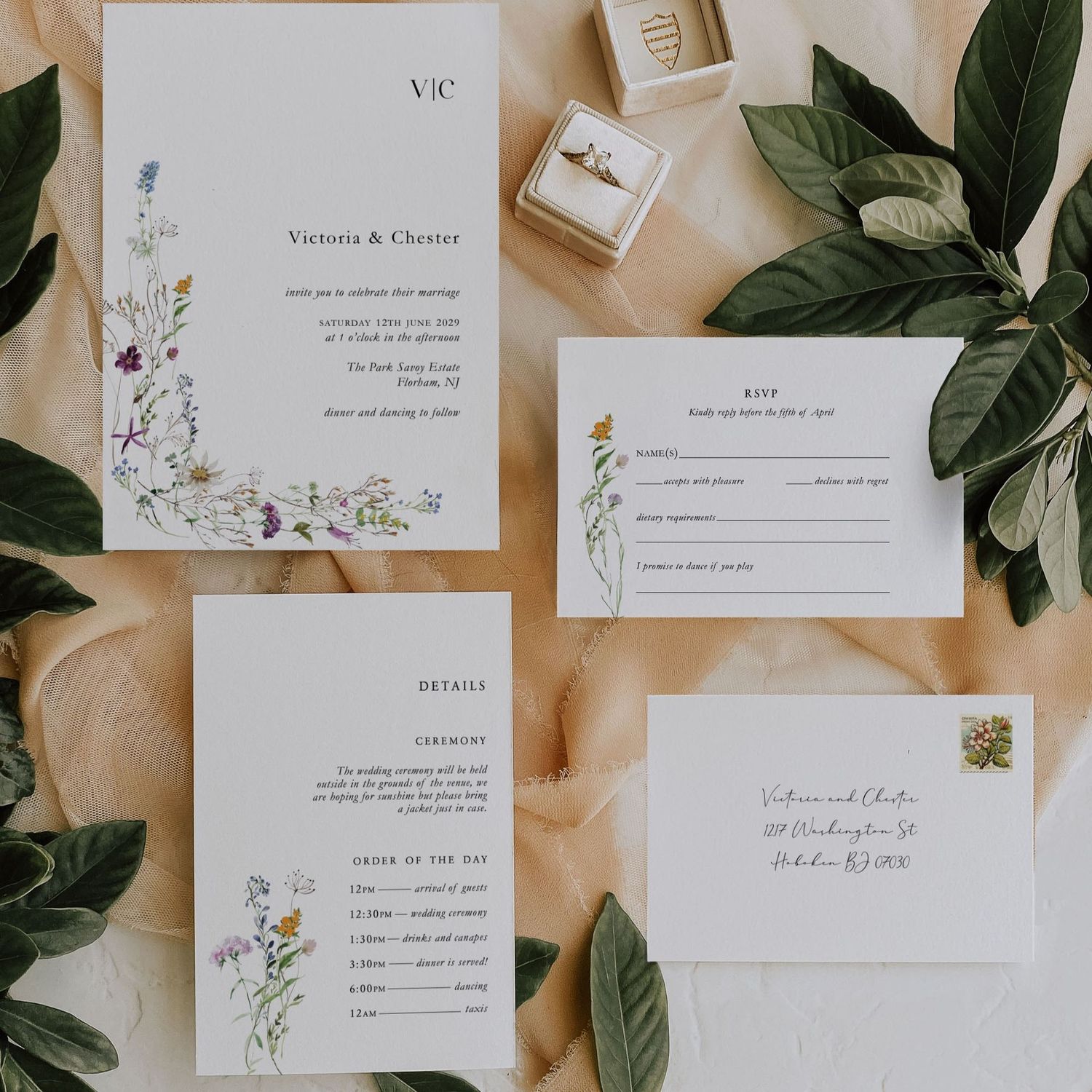 Victoria | Minimalist  Intricate Spring Meadow Flower Border Wedding Invitation