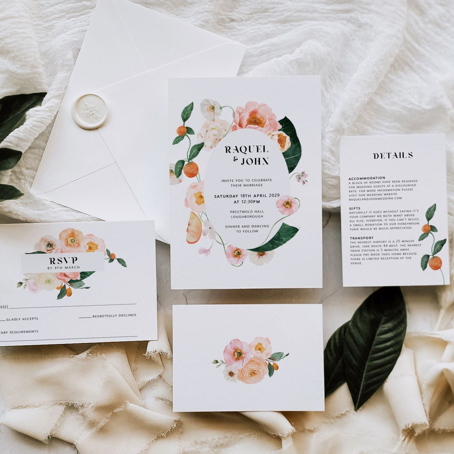 Raquel |  Pink and Peach Peony Blossom Floral Border Wedding Invitation