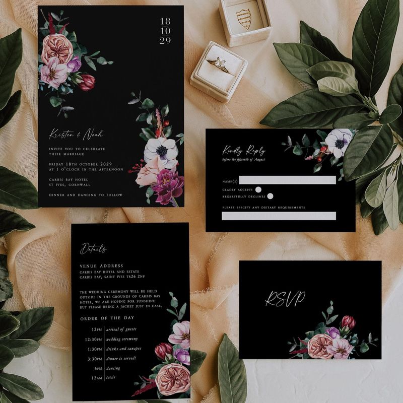 Kristen |  Black Wedding Invitation with Blush Pink Peonies , White Anemones and Burgundy Florals