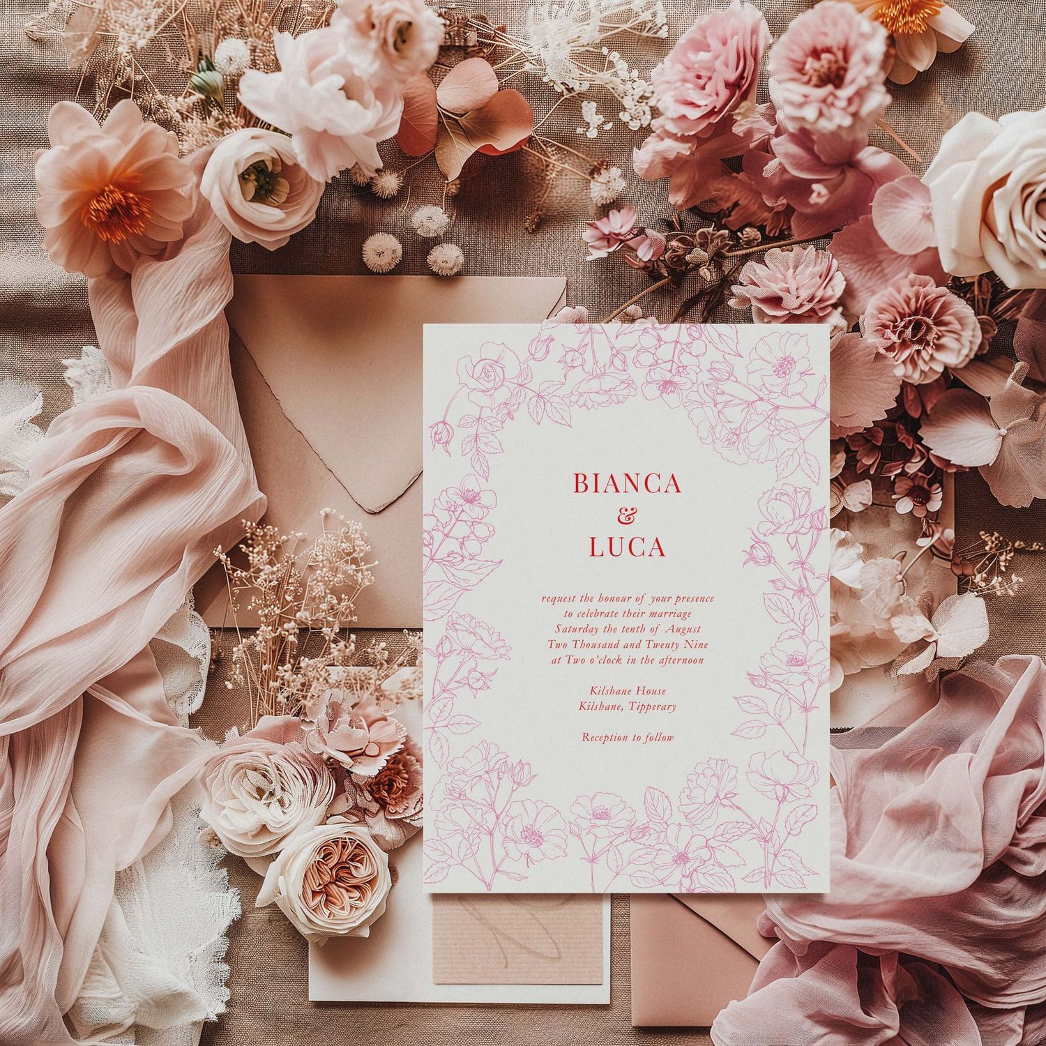 Bianca |  Delicate Rose Line Drawing Border Design Wedding Invitation in Pink and Red