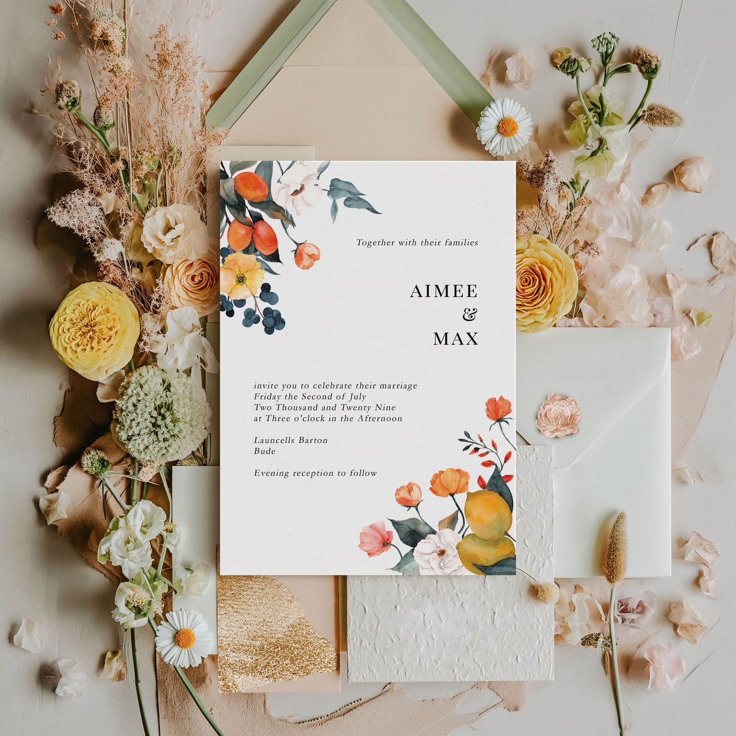 Aimee |  Citrus Yellow Lemon Fruit and Orange Floral Watercolour Wedding Invitation