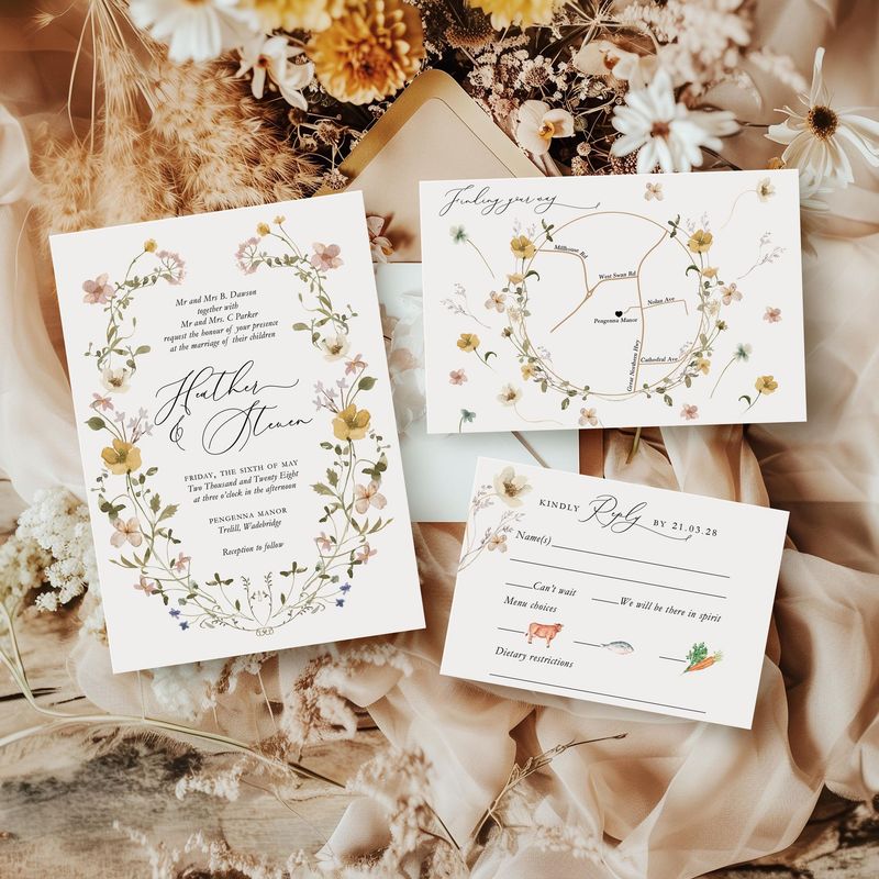 Heather |  Delicate Spring Meadow Flower Wreath Wedding Invitation in Soft Pastel Watercolours