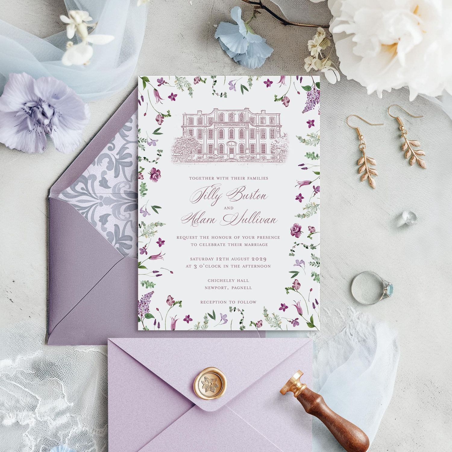 Tilly |  Purple Scattered Flower Border Wedding Invitation with Venue Illustration Sketch