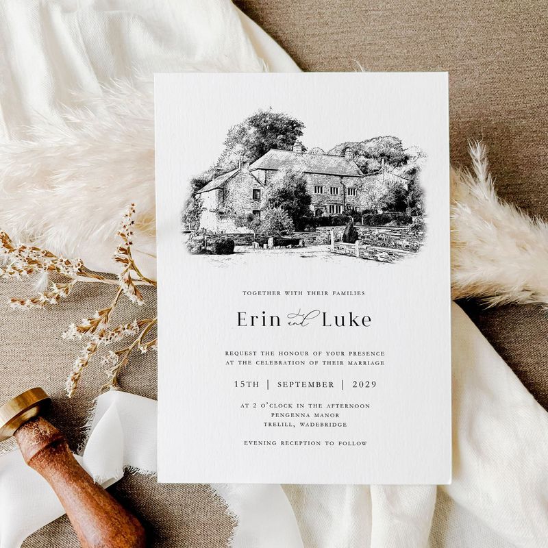 Erin | Minimalist Black and White Wedding Invitation with customised Venue Illustration