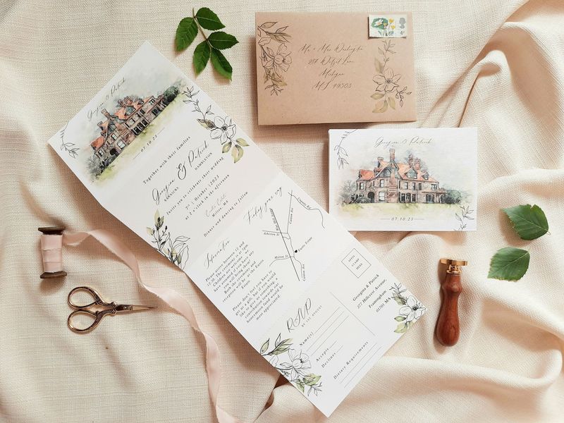 Georgina | Concertina Fold Wedding Invitation with hand drawn flowers and a customised venue illustration