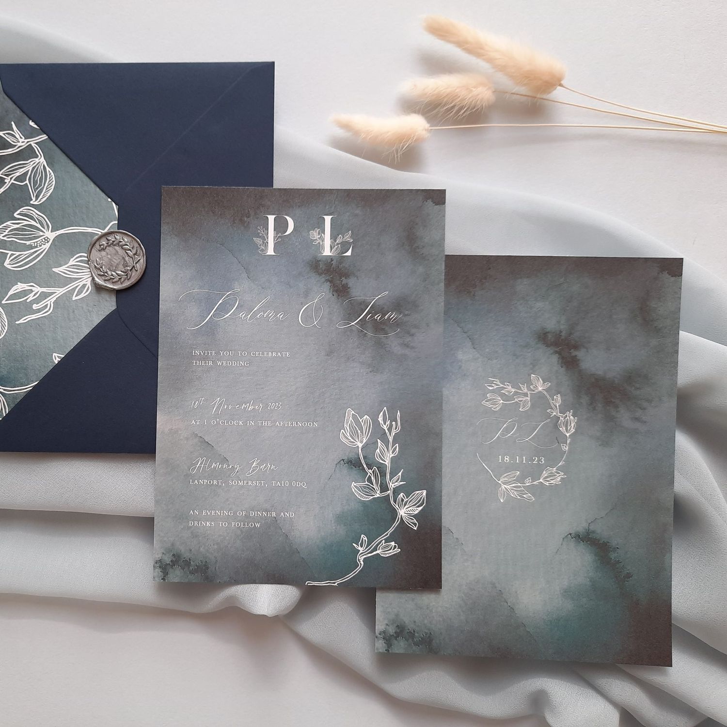 Paloma | Midnight Blue Wedding Invitation with Delicate White Line Art  on Pearlescent Shimmer Card