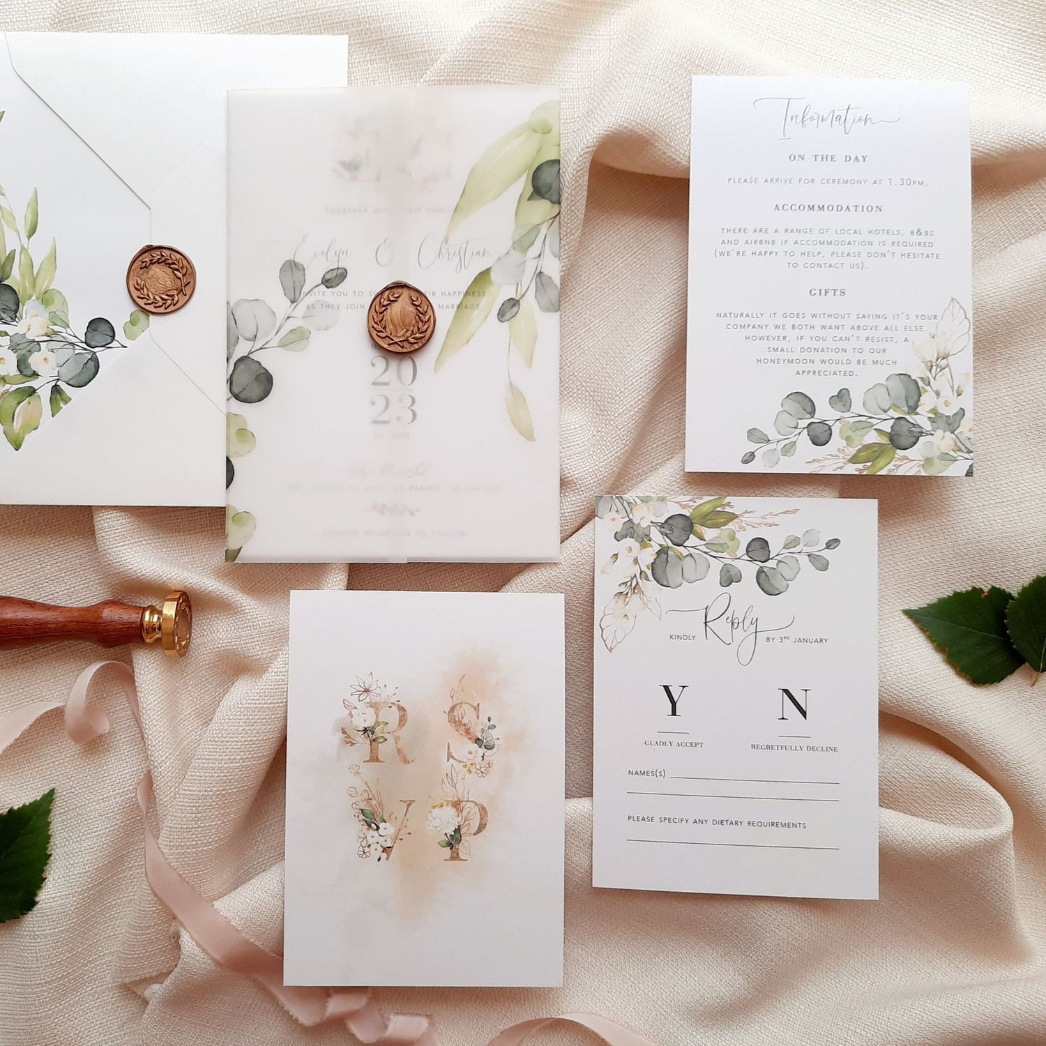 Evelyn | Eucalyptus Pearlescent shimmer Wedding Invitation with Vellum Wrap