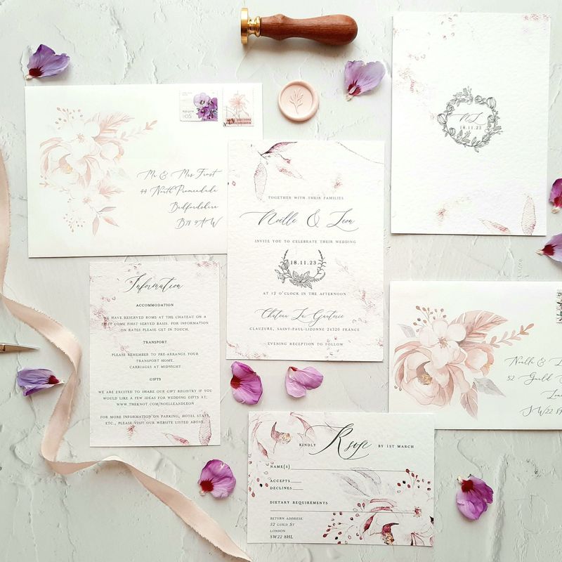 Noelle | Dreamy White and Pink Floral Watercolour Wedding Invitation with Vellum Wrap