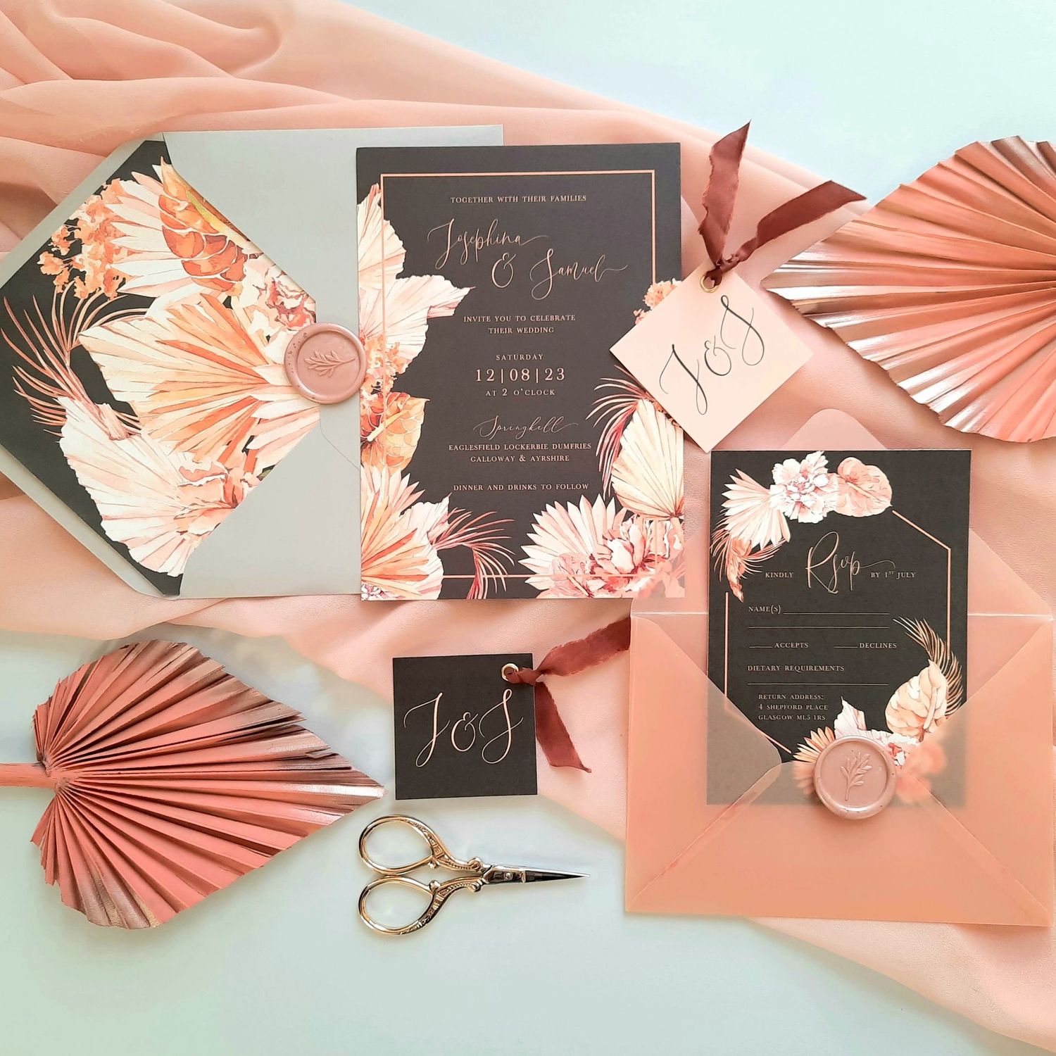 Josephina | Charcoal Grey, Peach and Blush Tones Pearlescent Wedding Invitation