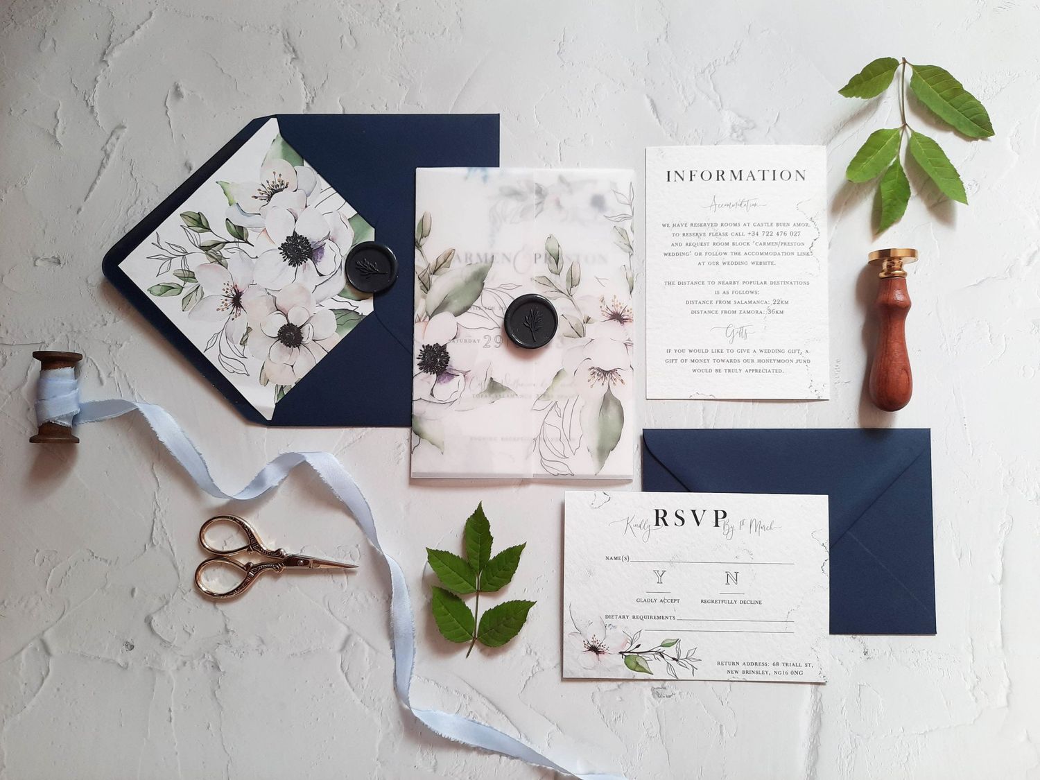Carmen | Anemone Blue Watercolour Wedding Invitation with Vellum Wrap