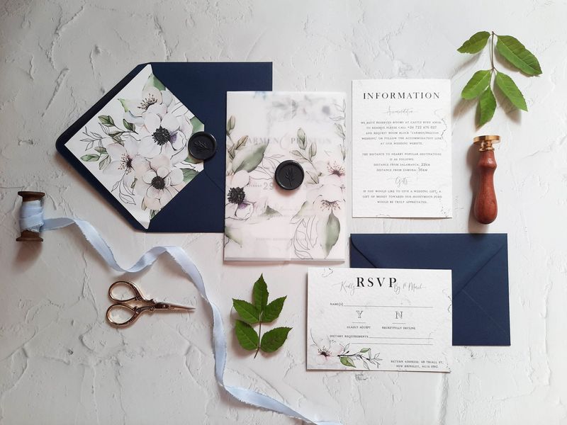 Carmen | Anemone Blue Watercolour Wedding Invitation with Vellum Wrap