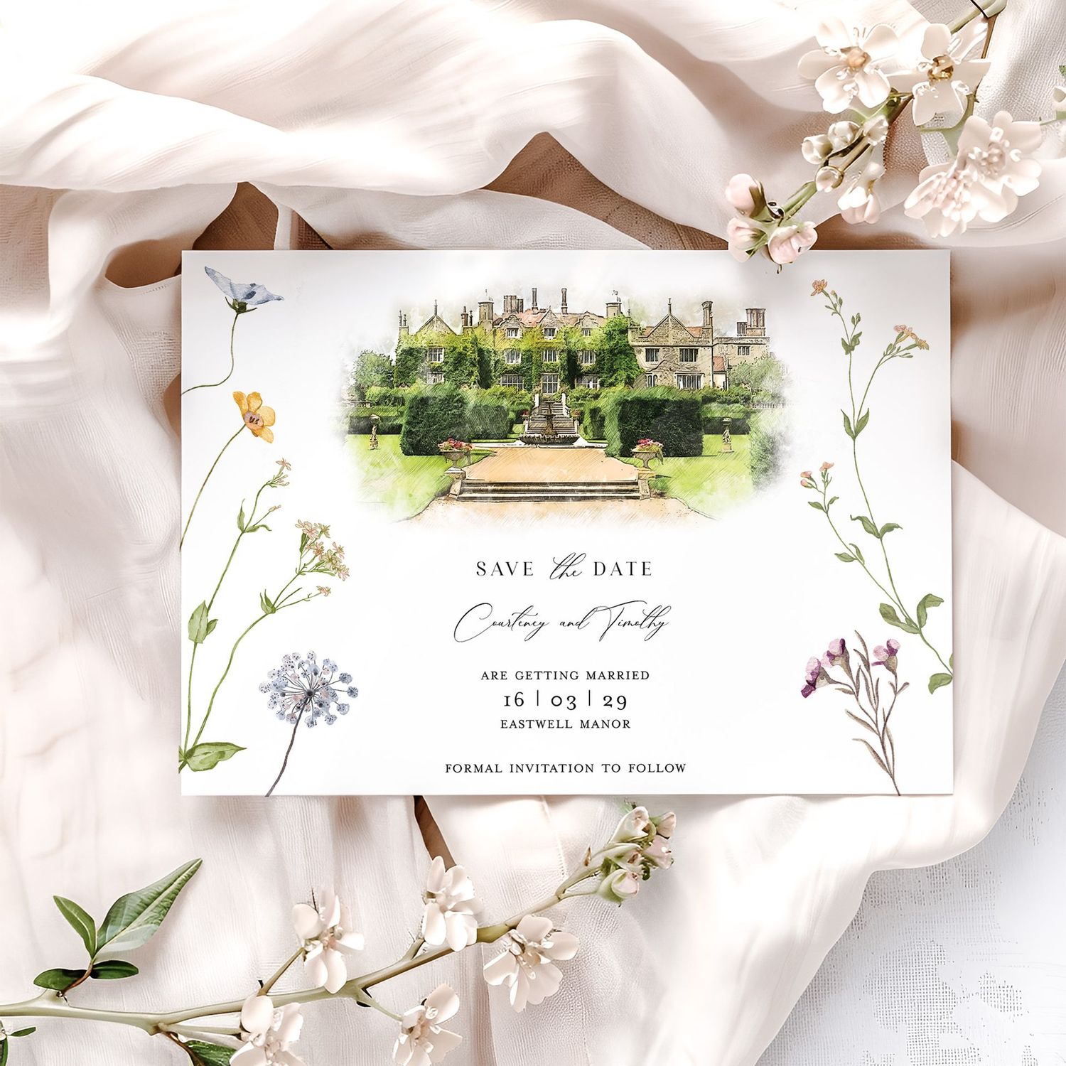 Courteney | Meadow Flower Watercolour Border Save the Date Card