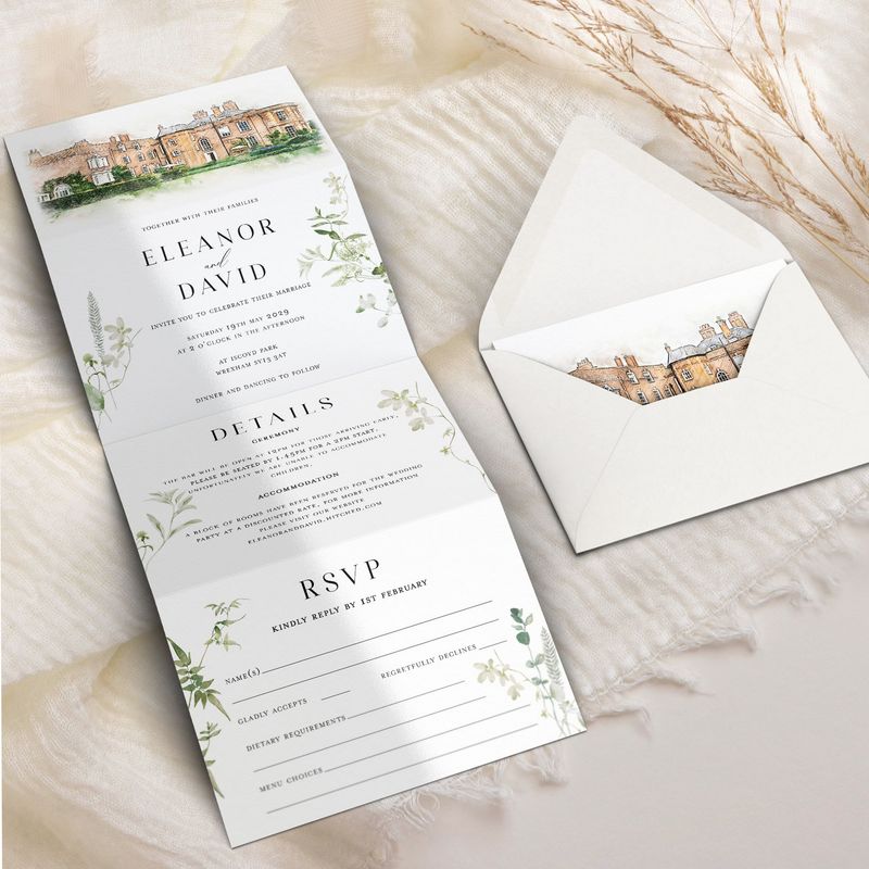 Eleanor | Concertina Folded Wedding Invitation with minimalist greenery design and a customised venue illustration