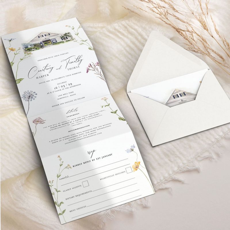 Courteney | Concertina Folded Wedding Invitation with minimalist meadow flower design and a customised venue illustration