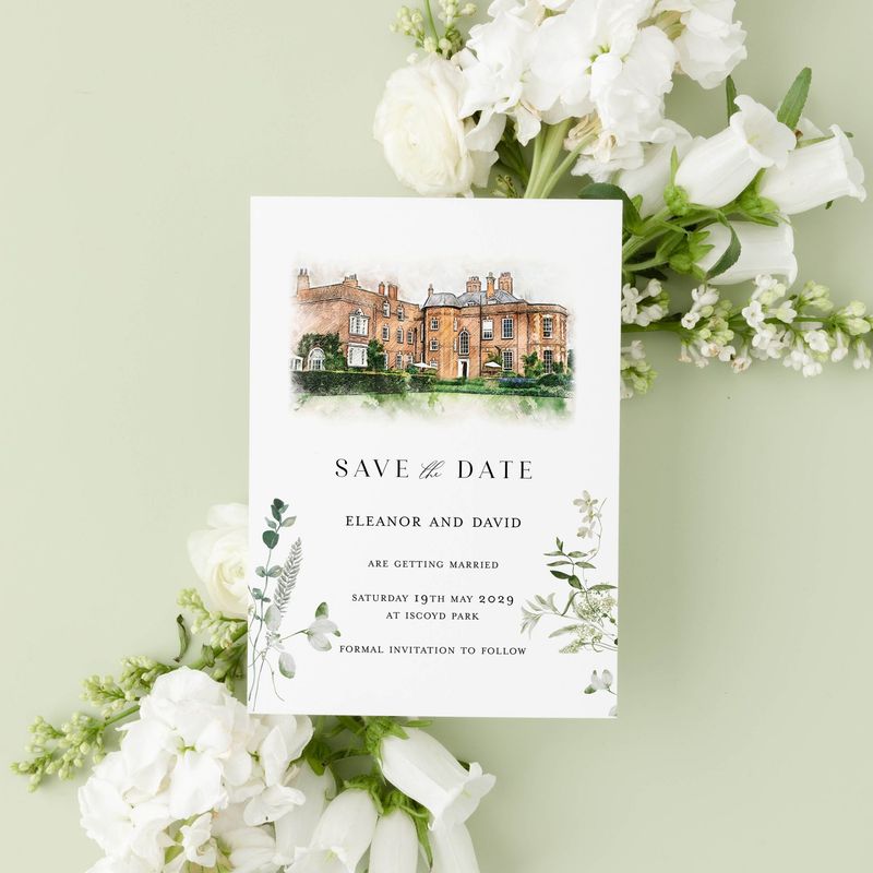 Eleanor| Greenery Watercolour Border Save the Date Card with Venue Illustration
