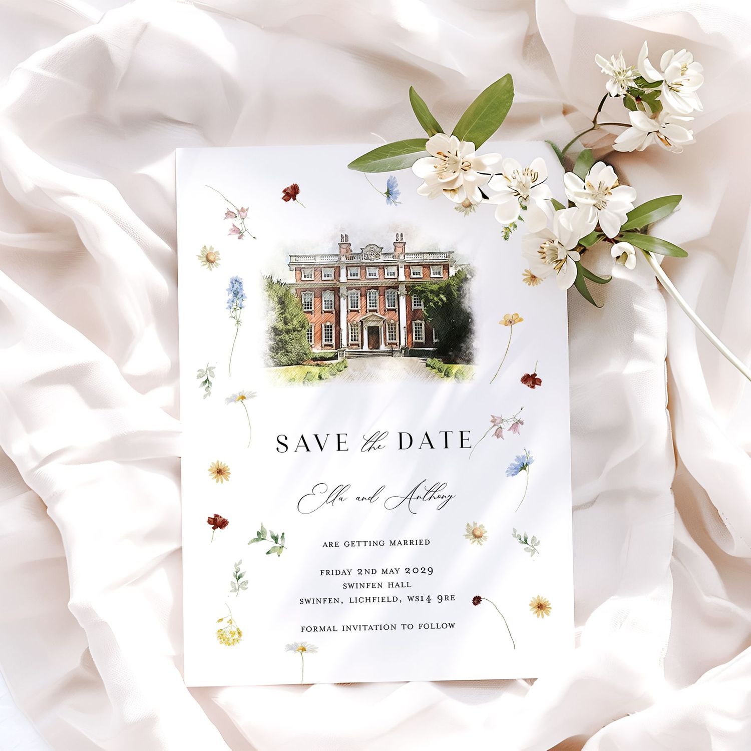 Ella | Scattered Watercolour Spring Flowers Save the Date Card with Venue Illustration