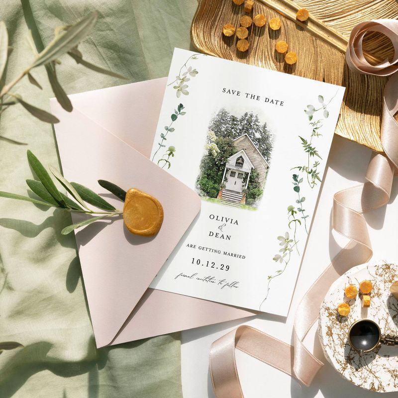 Olivia| Greenery Watercolour Border Save the Date Card with Venue Illustration