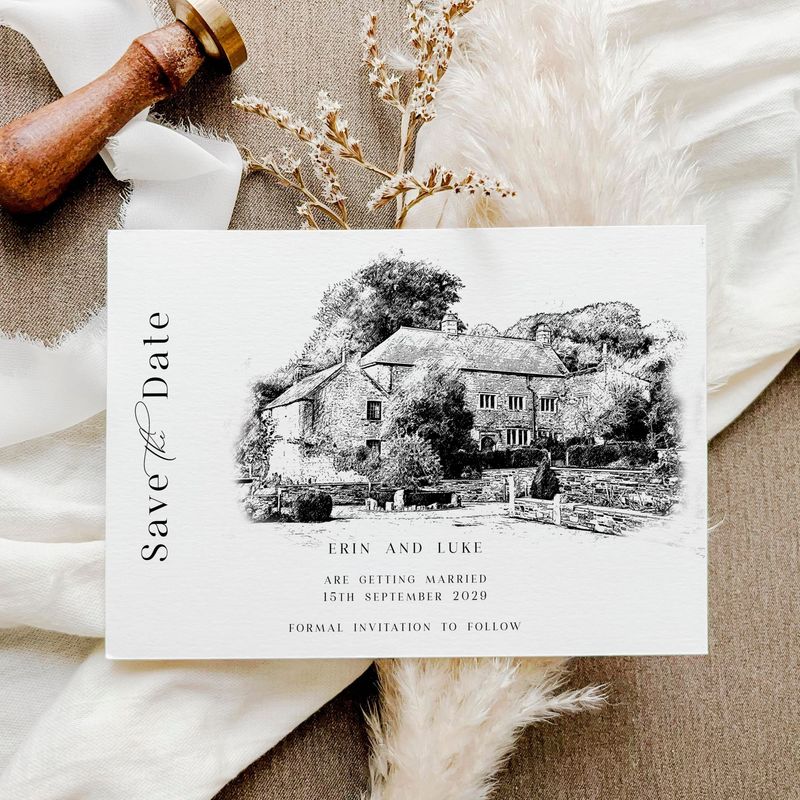Erin | Minimalist  Black and White Save the Date Card with Customised Wedding Venue Illustration