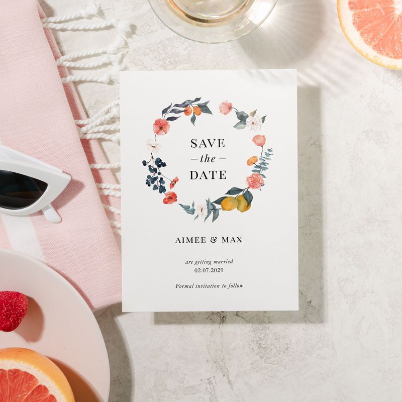 Aimee | Citrus Yellow Lemon Fruit and Orange Floral Watercolour Save the Date Card
