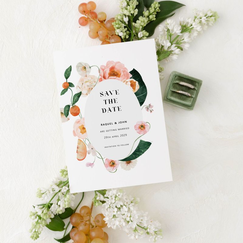 Raquel | Pink and Peach Peony Blossom Floral Border Save the Date Card