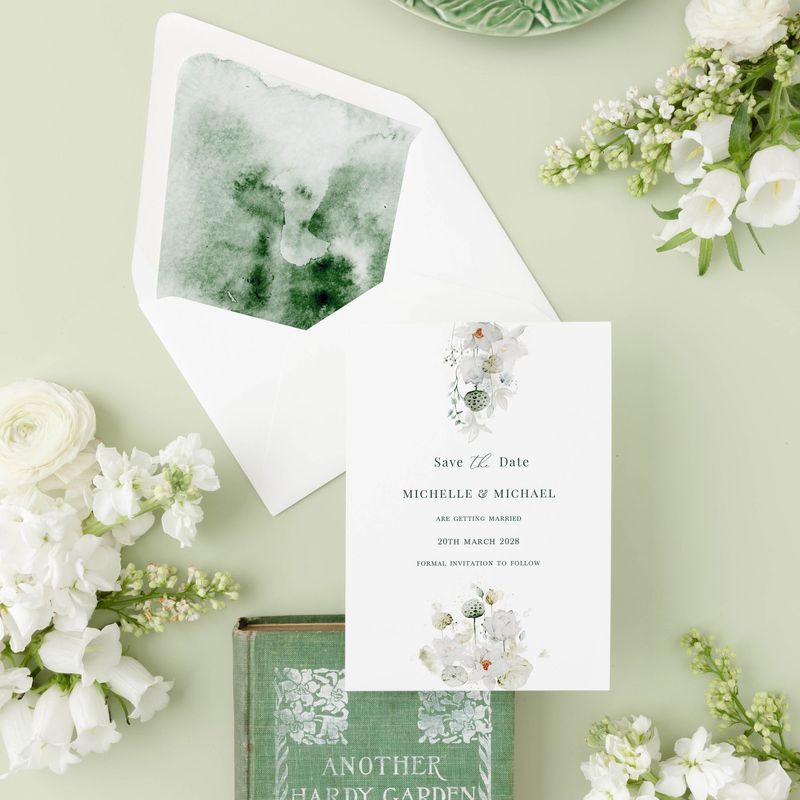 Michelle | White Lilies with Green Watercolour Wash Save the Date Card