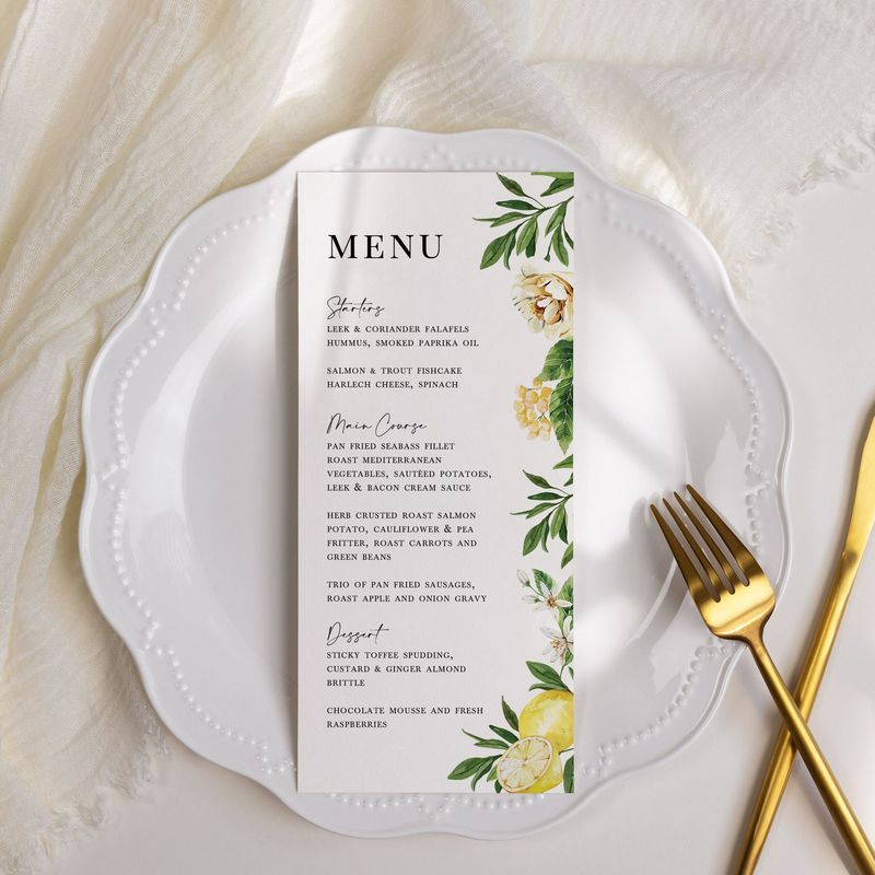 Norah | Citrus Yellow Lemon Mediterranean Inspired Wedding Menu