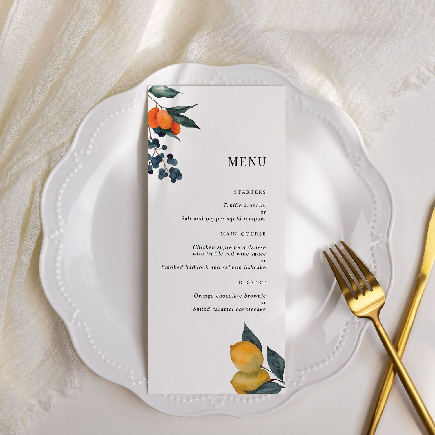 Aimee | Citrus Yellow Lemon Fruit and Orange Floral Watercolour Menu
