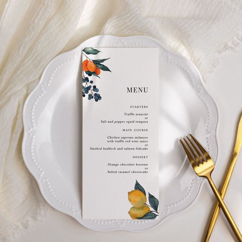 Aimee | Citrus Yellow Lemon Fruit and Orange Floral Watercolour Menu