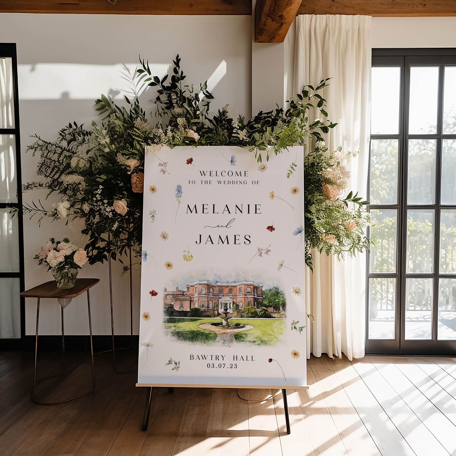 Wedding Welcome Sign with Scattered Pressed Watercolour Flowers