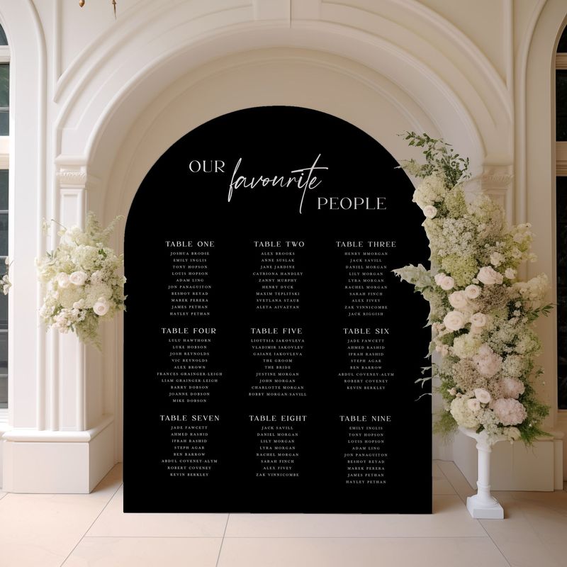 'Our Favourite People' Minimalist Black Arched Table Plan Wedding Sign, Seating Chart