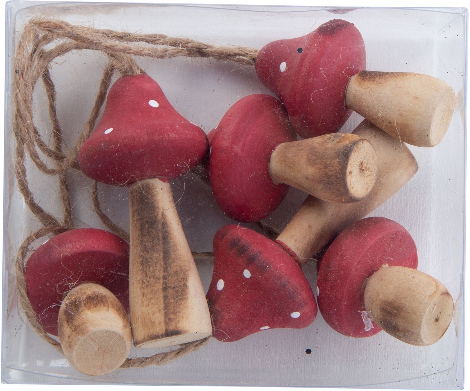 Box of 6 wood mushrooms, red painted tops, jute cord orns 2 in  6