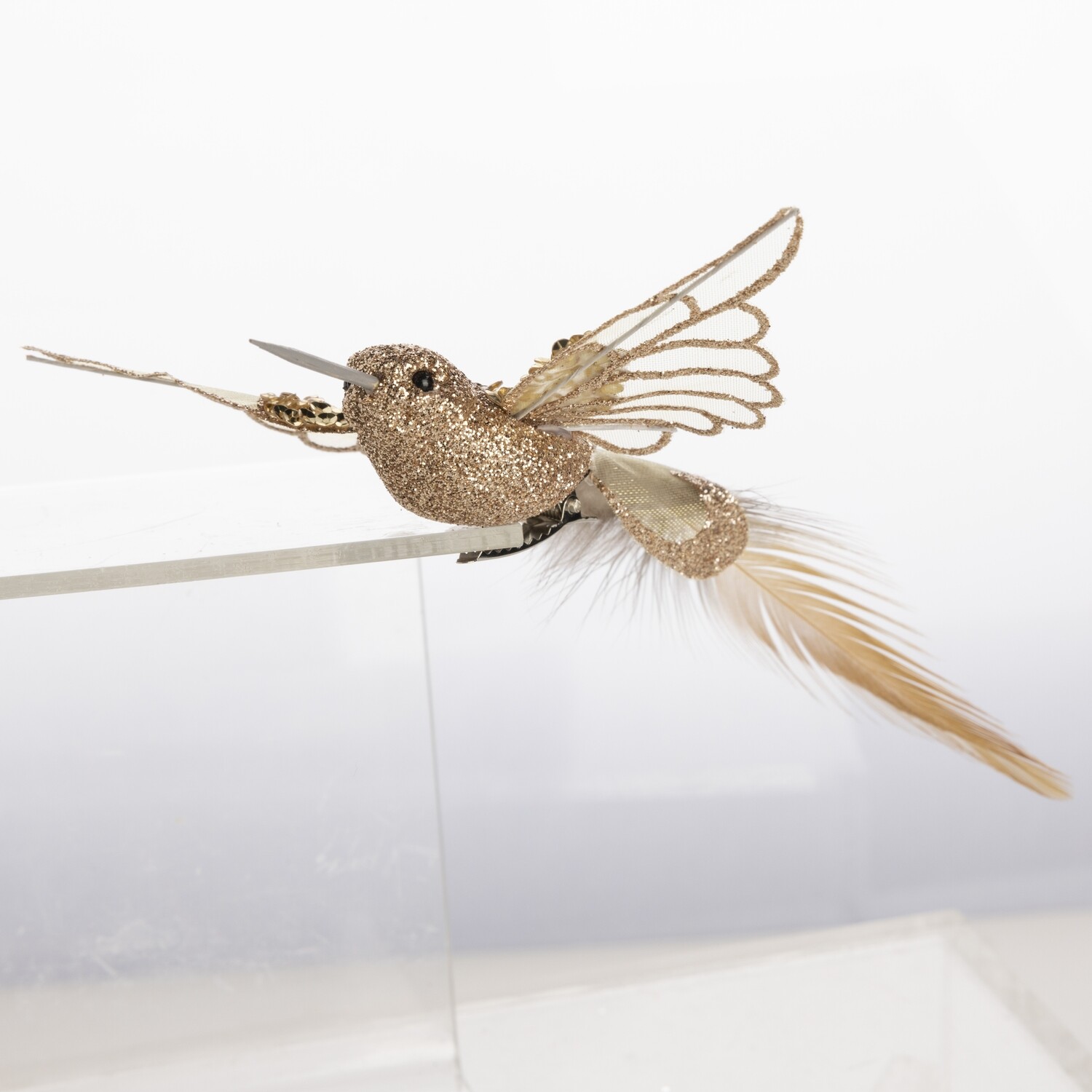 Gold glittered clip-on bird with sheer outstretched wings, 7 in  24