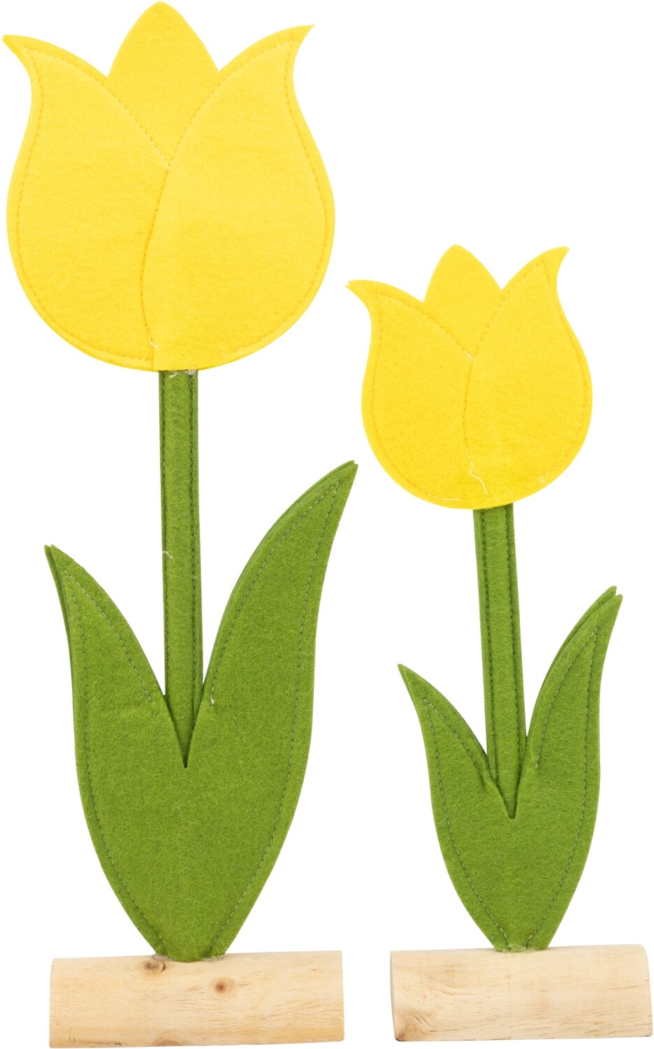 Large open yellow felt table piece tulip on wood base, 15.75 in  6
