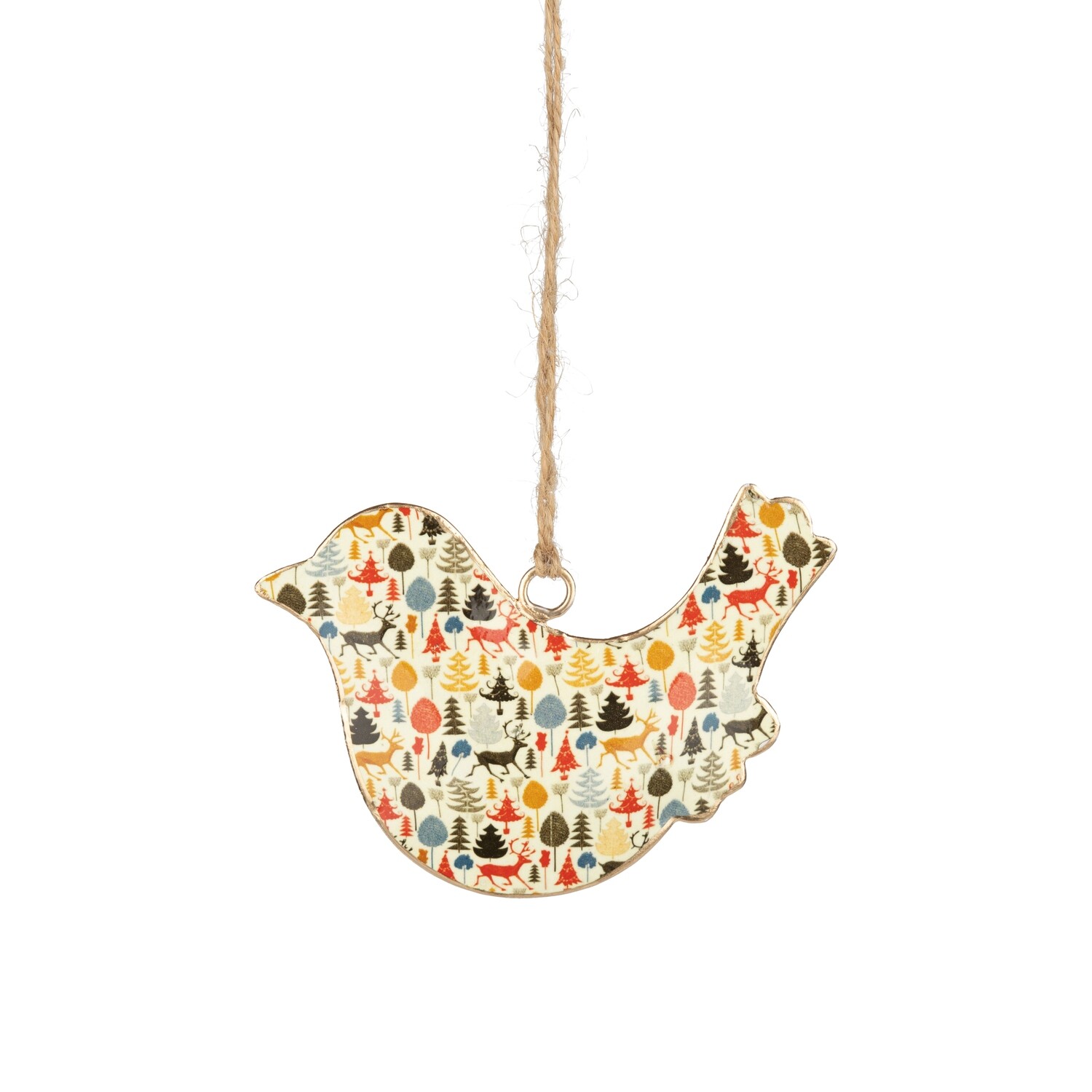 4 Asst&#39;d shaped metal ornaments, colorful miniature forest scene, 4 in  24 -Z08 -25NP -S04/25