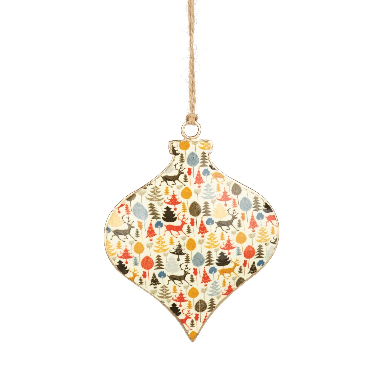 4 Asst&#39;d shaped metal ornaments, colorful miniature forest scene, 4 in  24 -Z08 -25NP -S04/25