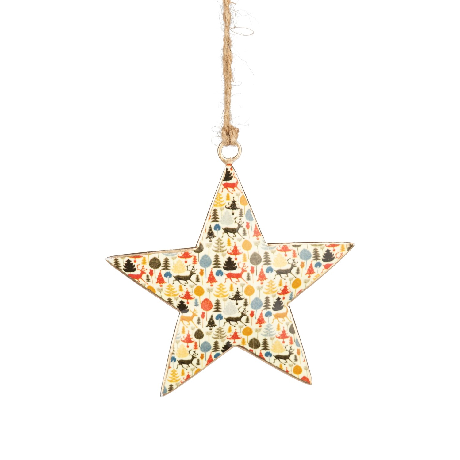 4 Asst&#39;d shaped metal ornaments, colorful miniature forest scene, 4 in  24 -Z08 -25NP -S04/25